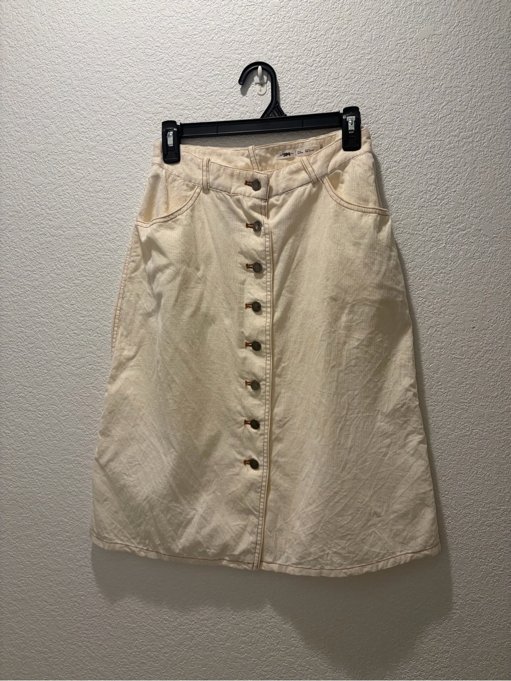 High-Waist Corduroy Cream Button-Front Midi Skirt